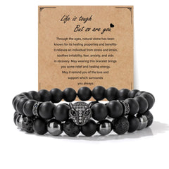 Bold Men's Bracelet Set - Natural Stones and Leopard Head Design