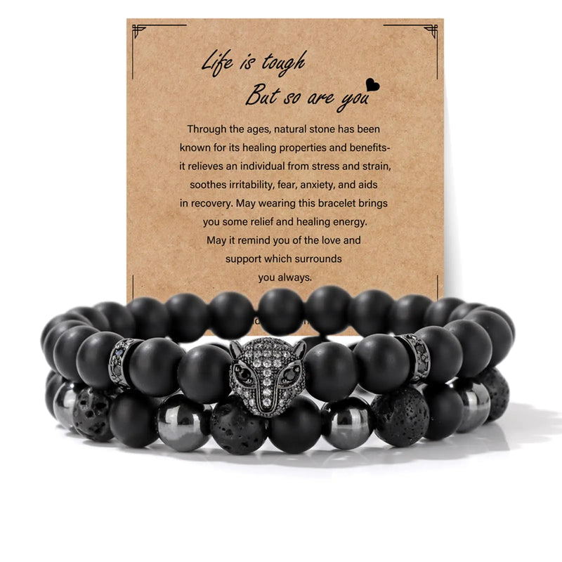 Bold Men's Bracelet Set - Natural Stones and Leopard Head Design